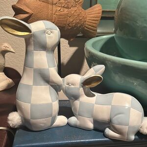 Checkered Blue and White Bunny Figurines